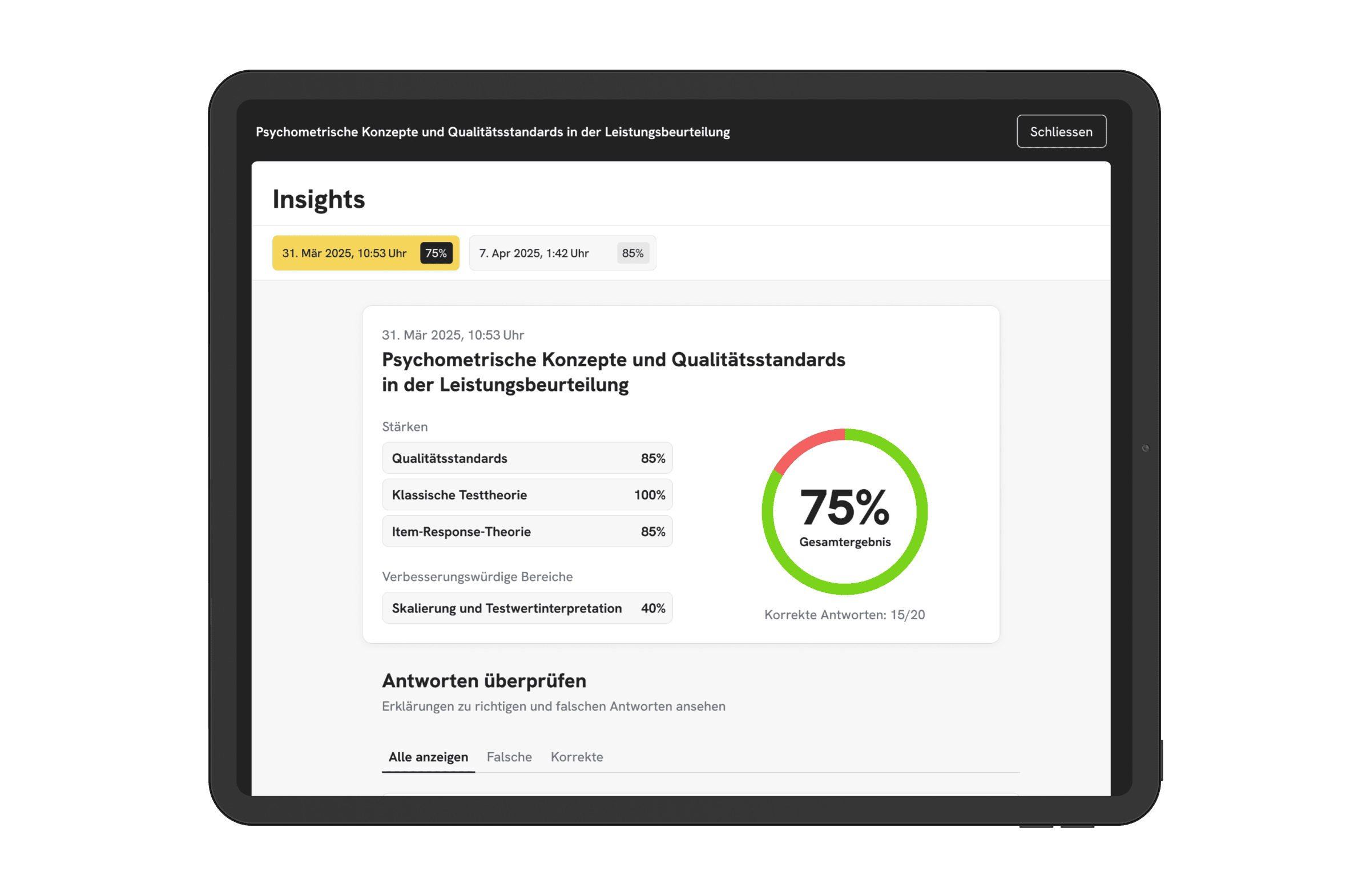 A tablet screen displaying a student’s performance insights for the topic “Psychometric Principles and Standards in Educational Assessment.” The dashboard shows an overall score of 75%, strengths in three subtopics, and an area for improvement, along with the number of correct answers.
