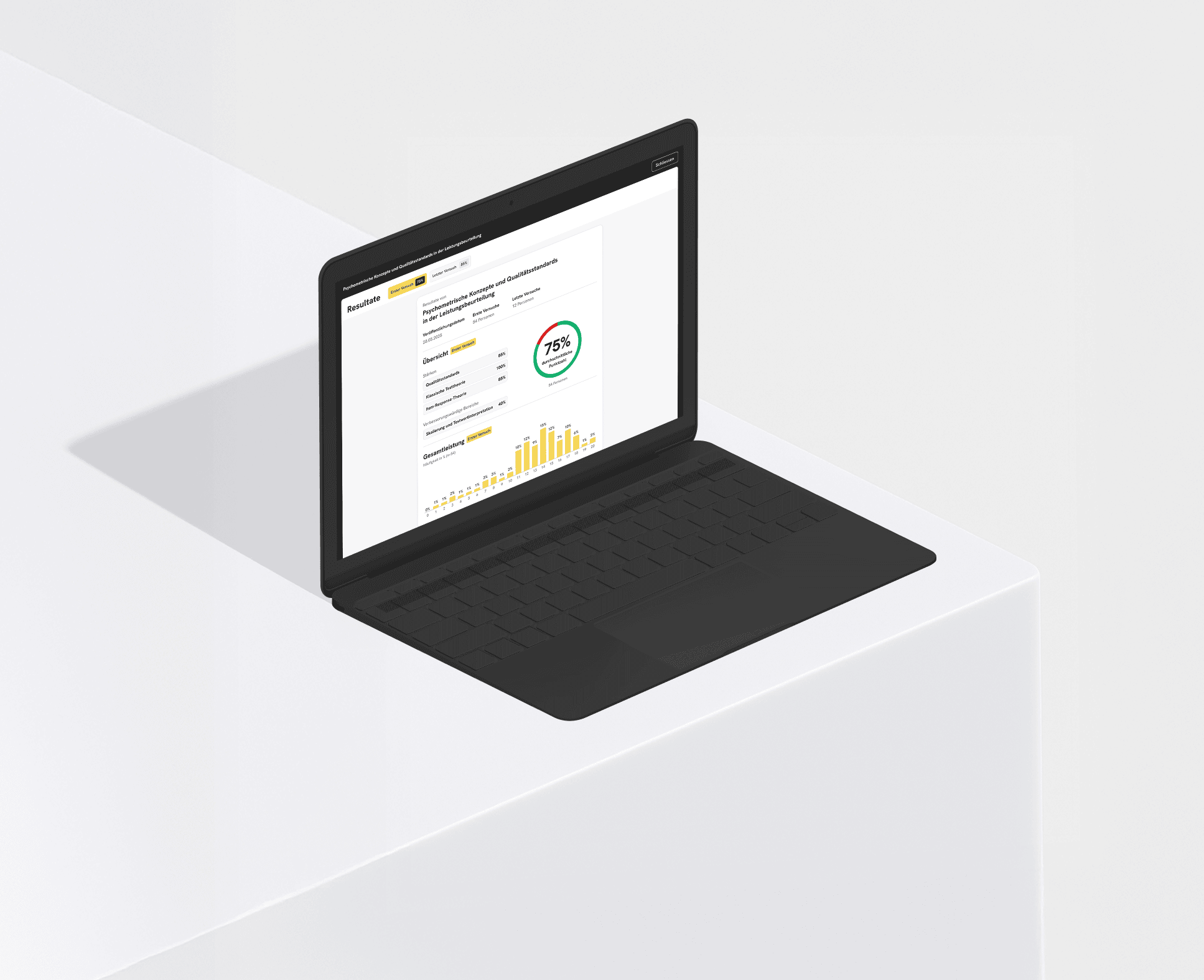 A black laptop placed on a white minimalist platform displays an analytics dashboard with performance results, showing a 75% score and a yellow bar chart.